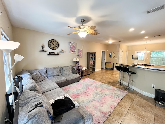 829 Fairview Dr Unit 1, Fort Walton Beach, FL 32548 - living area with light tile patterned floors, ceiling fan, baseboards, and recessed lighting