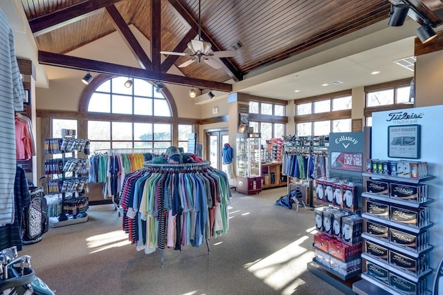 674 Emerald Bay Dr, Destin, FL 32541 - miscellaneous room featuring high vaulted ceiling, ceiling fan, carpet flooring, beamed ceiling, and wood ceiling