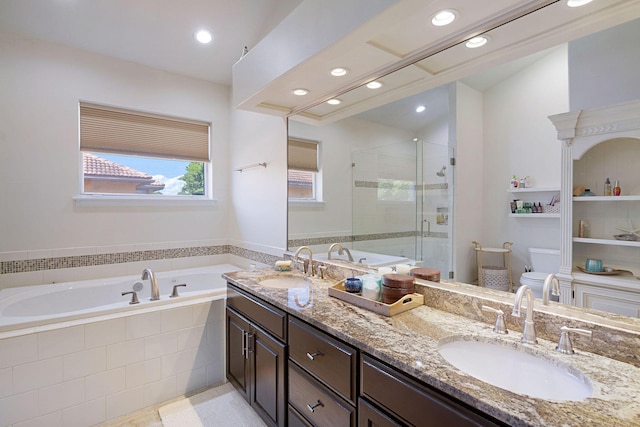 674 Emerald Bay Dr, Destin, FL 32541 - full bath featuring a stall shower, a bath, double vanity, and recessed lighting