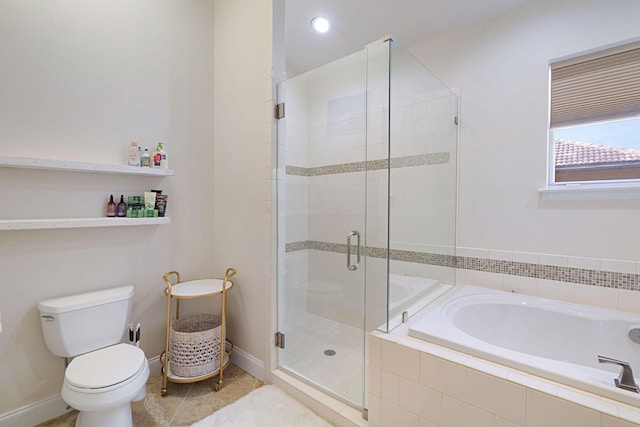 674 Emerald Bay Dr, Destin, FL 32541 - bathroom featuring a shower stall, a garden tub, toilet, tile patterned floors, and baseboards