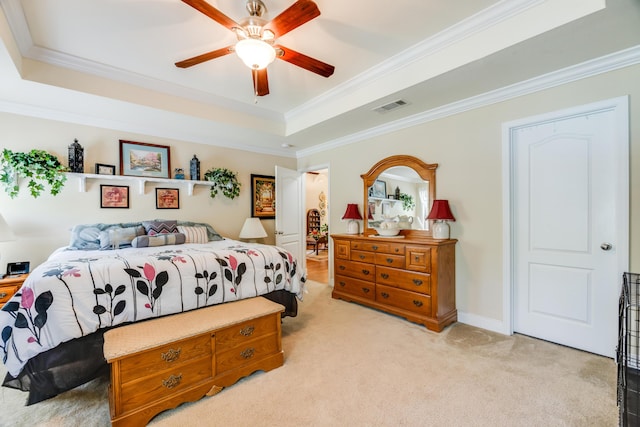6444 Welannee Blvd, Laurel Hill, FL 32567 - bedroom with a raised ceiling, ornamental molding, light colored carpet, and a ceiling fan