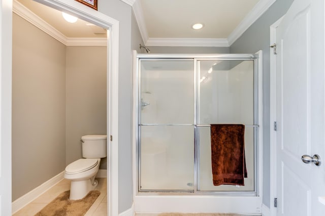 6444 Welannee Blvd, Laurel Hill, FL 32567 - full bathroom featuring a stall shower, ornamental molding, baseboards, toilet, and tile patterned floors