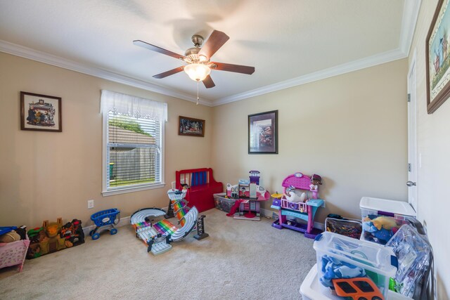6444 Welannee Blvd, Laurel Hill, FL 32567 - recreation room featuring crown molding, carpet, ceiling fan, and baseboards