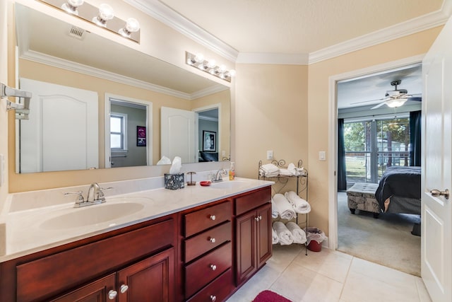 6444 Welannee Blvd, Laurel Hill, FL 32567 - bathroom featuring ensuite bath, crown molding, healthy amount of natural light, double vanity, and tile patterned flooring