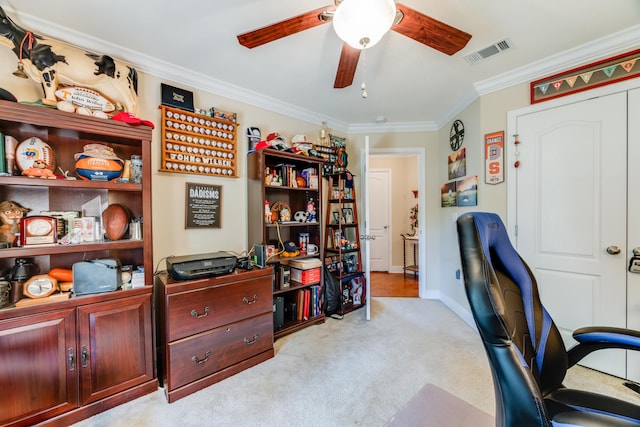6444 Welannee Blvd, Laurel Hill, FL 32567 - carpeted office space featuring ornamental molding, a ceiling fan, and baseboards