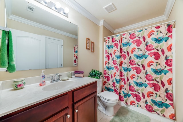 6444 Welannee Blvd, Laurel Hill, FL 32567 - bathroom with vanity, toilet, ornamental molding, a shower with curtain, and tile patterned flooring