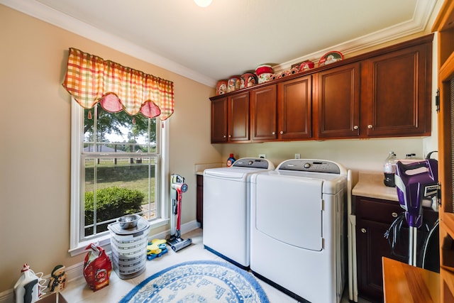 6444 Welannee Blvd, Laurel Hill, FL 32567 - washroom with cabinet space, washer and clothes dryer, ornamental molding, and baseboards