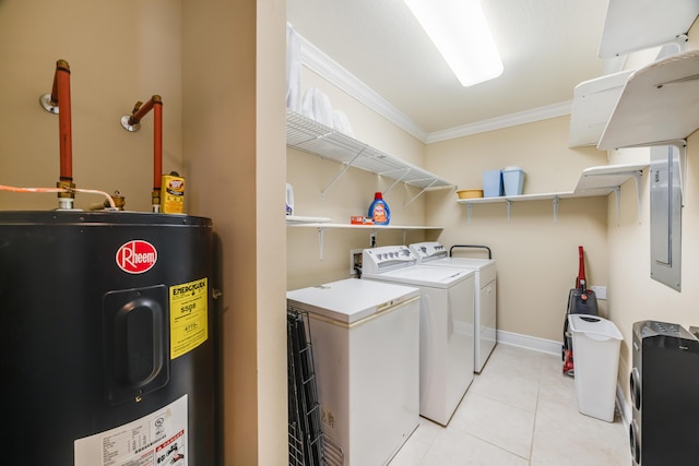 6444 Welannee Blvd, Laurel Hill, FL 32567 - laundry room featuring electric water heater, washer and clothes dryer, ornamental molding, and light tile patterned floors