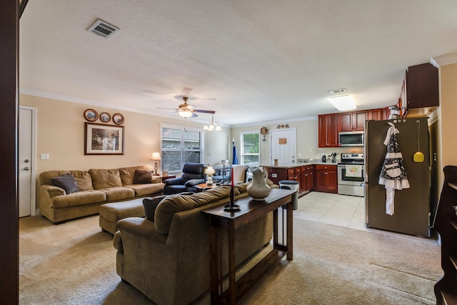 6444 Welannee Blvd, Laurel Hill, FL 32567 - living room featuring crown molding, light colored carpet, a ceiling fan, and light tile patterned flooring