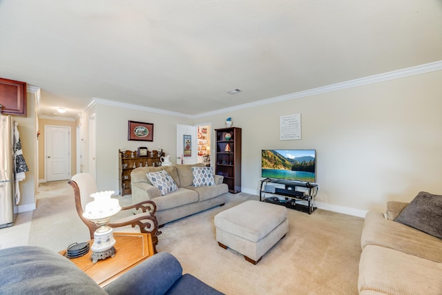 6444 Welannee Blvd, Laurel Hill, FL 32567 - living room with ornamental molding, light colored carpet, and baseboards