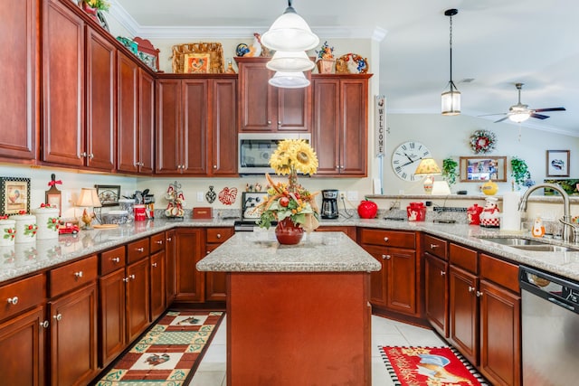 6444 Welannee Blvd, Laurel Hill, FL 32567 - kitchen with stainless steel appliances, a sink, a ceiling fan, crown molding, and light tile patterned floors