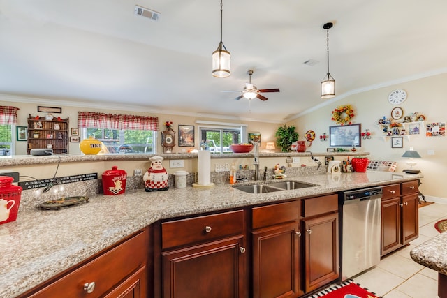 6444 Welannee Blvd, Laurel Hill, FL 32567 - kitchen with dishwasher, a sink, light tile patterned floors, a ceiling fan, and decorative light fixtures