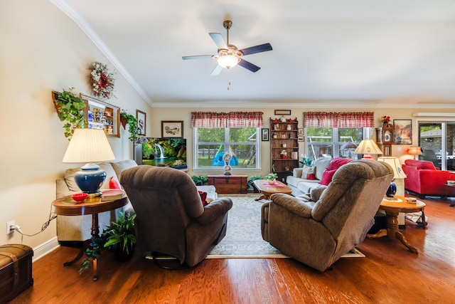 6444 Welannee Blvd, Laurel Hill, FL 32567 - living room with a ceiling fan, wood finished floors, plenty of natural light, and crown molding