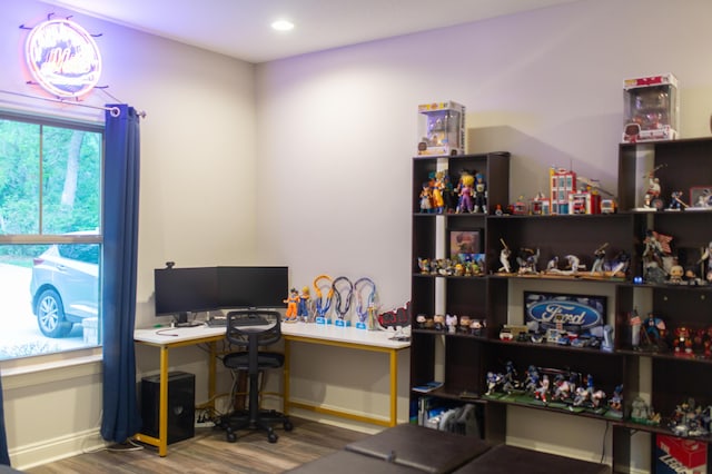 office area featuring baseboards, recessed lighting, and wood finished floors