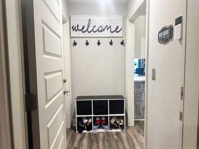 mudroom featuring a textured wall and dark wood finished floors