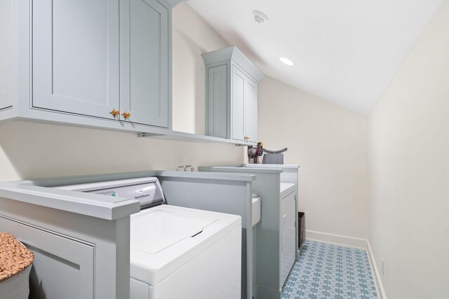 50 Camellia St, Santa Rosa Beach, FL 32459 - clothes washing area with baseboards, washer and dryer, cabinet space, and recessed lighting