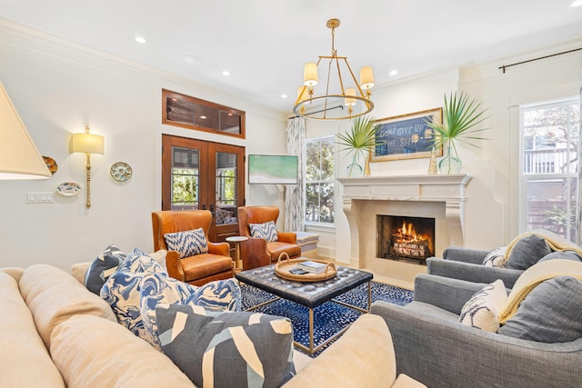 50 Camellia St, Santa Rosa Beach, FL 32459 - living area with a chandelier, a high end fireplace, recessed lighting, and french doors