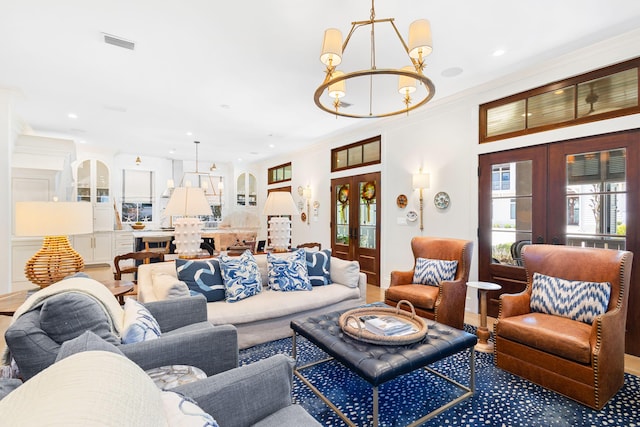 50 Camellia St, Santa Rosa Beach, FL 32459 - living room with french doors, a chandelier, crown molding, and recessed lighting
