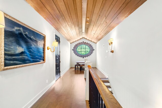 50 Camellia St, Santa Rosa Beach, FL 32459 - corridor with wood finished floors, wood ceiling, vaulted ceiling, and baseboards