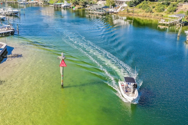 bird's eye view with a water view