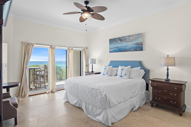 bedroom featuring access to outside, ornamental molding, a ceiling fan, and a water view