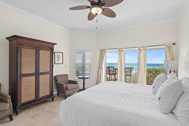 bedroom with access to outside, a water view, multiple windows, crown molding, and ceiling fan