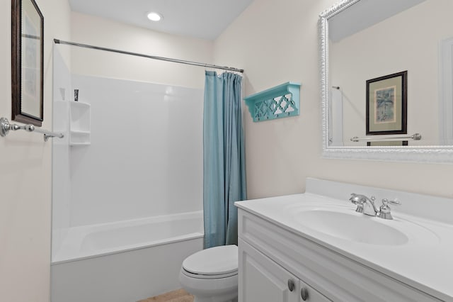 full bath with toilet, shower / bath combo, vanity, and recessed lighting