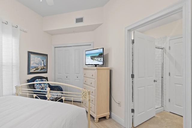 bedroom featuring baseboards, a closet, and ceiling fan