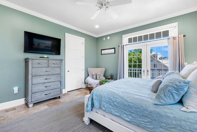 bedroom with stone finish floor, ceiling fan, access to exterior, baseboards, and ornamental molding