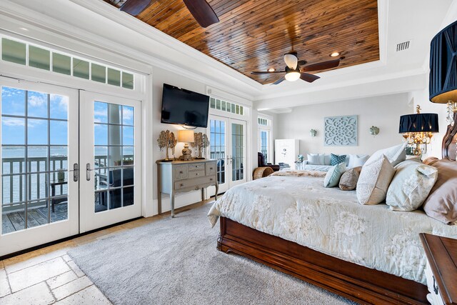 bedroom featuring french doors, access to outside, wood ceiling, and visible vents