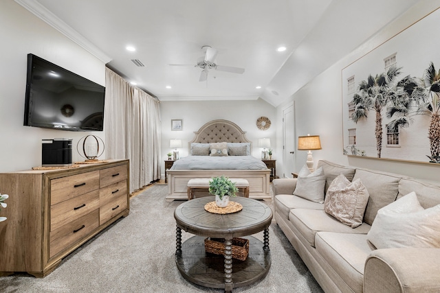 bedroom with a ceiling fan, visible vents, ornamental molding, light carpet, and recessed lighting