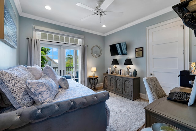 bedroom with crown molding, baseboards, french doors, and recessed lighting