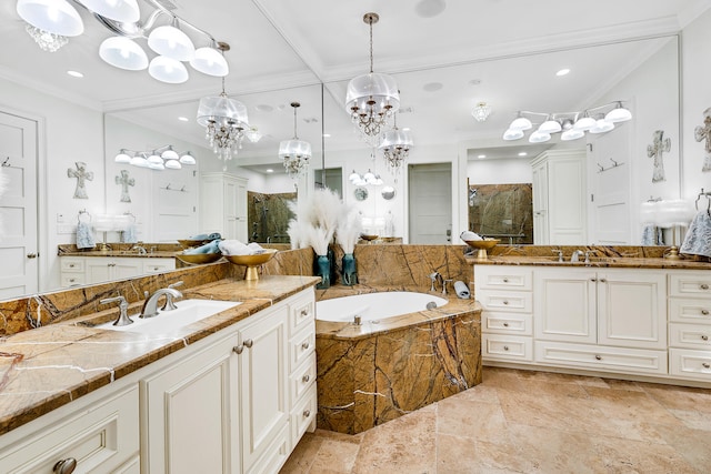 full bathroom with a garden tub, a stall shower, a sink, a notable chandelier, and recessed lighting