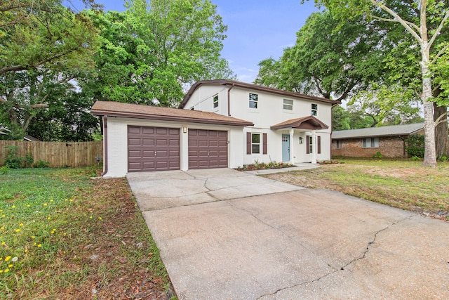 view of front of home featuring a front yard, a garage, brick siding, fence, and concrete driveway