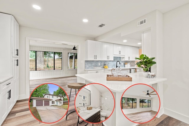 kitchen featuring light countertops, a ceiling fan, and visible vents