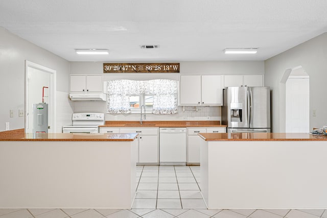 1501 Royal Palm Dr, Niceville, FL 32578 - kitchen featuring white appliances, under cabinet range hood, a sink, arched walkways, and tasteful backsplash