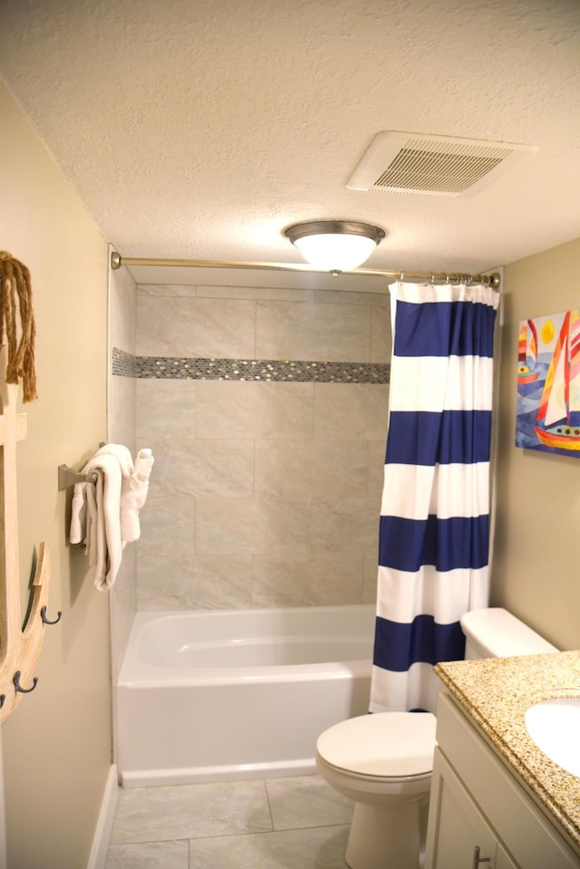 900 Gulf Shore Dr Unit 3042, Destin, FL 32541 - bathroom with toilet, shower / tub combo with curtain, vanity, a textured ceiling, and tile patterned flooring