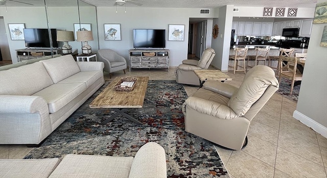 11757 Front Beach Rd Unit W600, Panama City Beach, FL 32407 - living area featuring visible vents, a ceiling fan, baseboards, and light tile patterned floors
