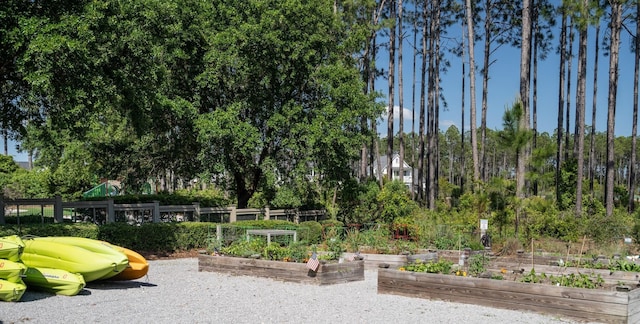 view of home's community with fence and a vegetable garden