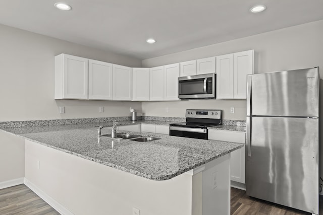 kitchen featuring a sink, a peninsula, recessed lighting, dark wood-style flooring, and appliances with stainless steel finishes