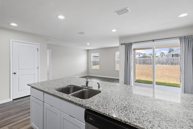 kitchen featuring a sink, a healthy amount of sunlight, visible vents, and dark wood finished floors