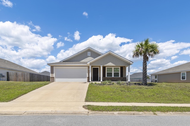 single story home with concrete driveway, a garage, fence, and a front yard