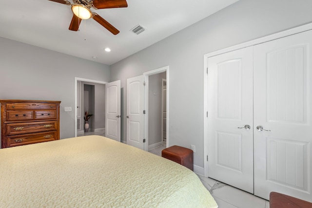 bedroom with light marble finish floors, recessed lighting, baseboards, a closet, and ceiling fan