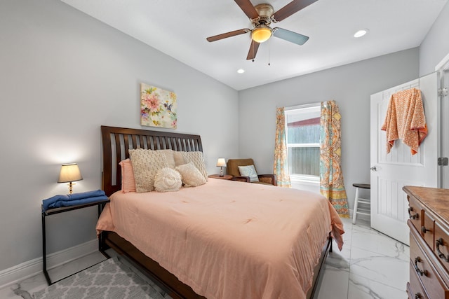 bedroom featuring light marble finish flooring, recessed lighting, baseboards, and ceiling fan
