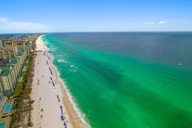 aerial view featuring a beach view and a water view