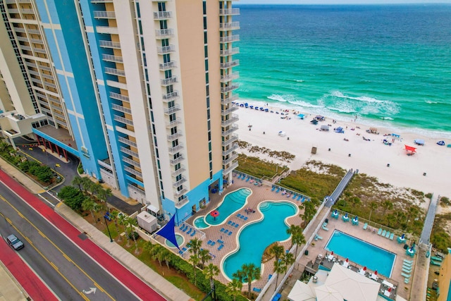 aerial view featuring a beach view and a water view