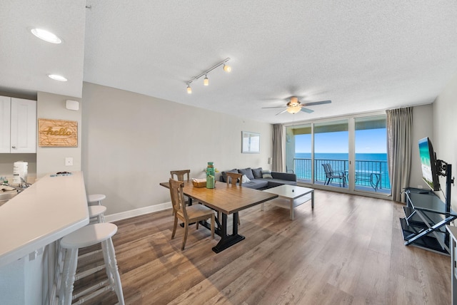 living room featuring baseboards, a textured ceiling, ceiling fan, and wood finished floors