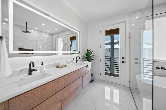 2456 Belmar Ct, Panama City Beach, FL 32408 - full bath with a sink, double vanity, a marble finish shower, marble finish floor, and a freestanding tub