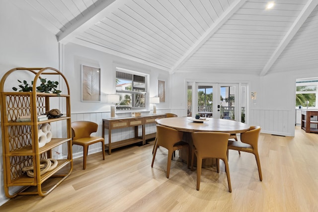 dining room with wainscoting, light wood-style floors, wood ceiling, french doors, and lofted ceiling with beams