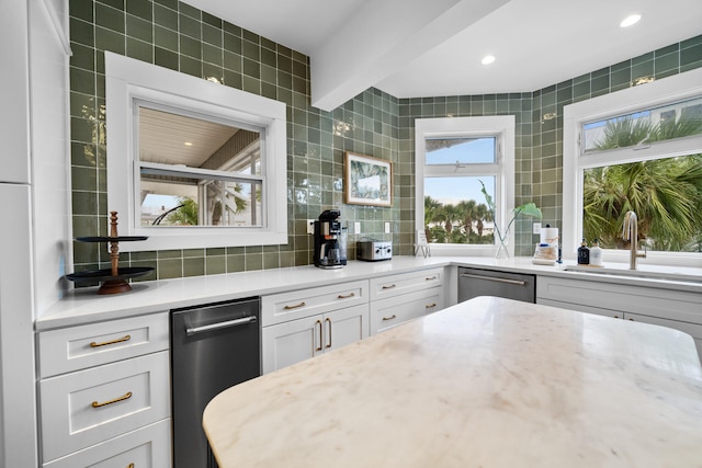 bar with a sink, stainless steel dishwasher, and backsplash